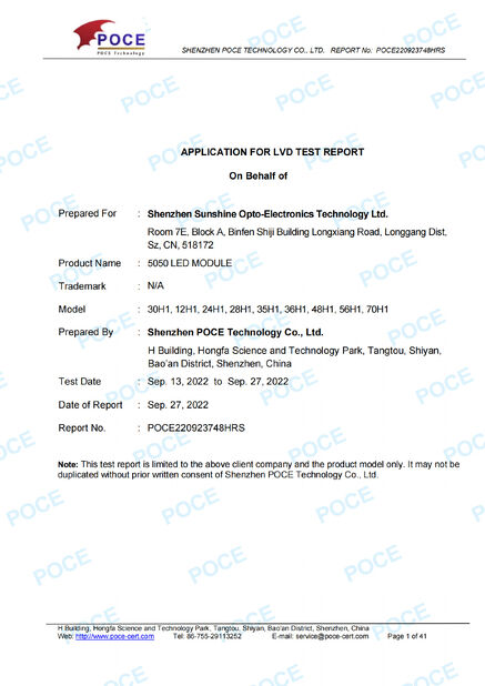 CINA Sunshine Opto-electronics Enterprise Co.,ltd Sertifikasi
