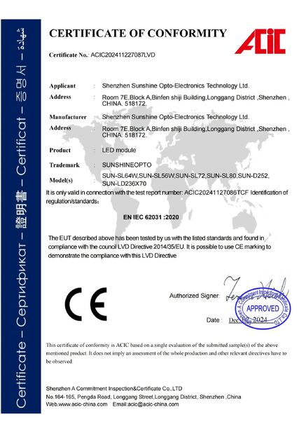 CINA Sunshine Opto-electronics Enterprise Co.,ltd Sertifikasi